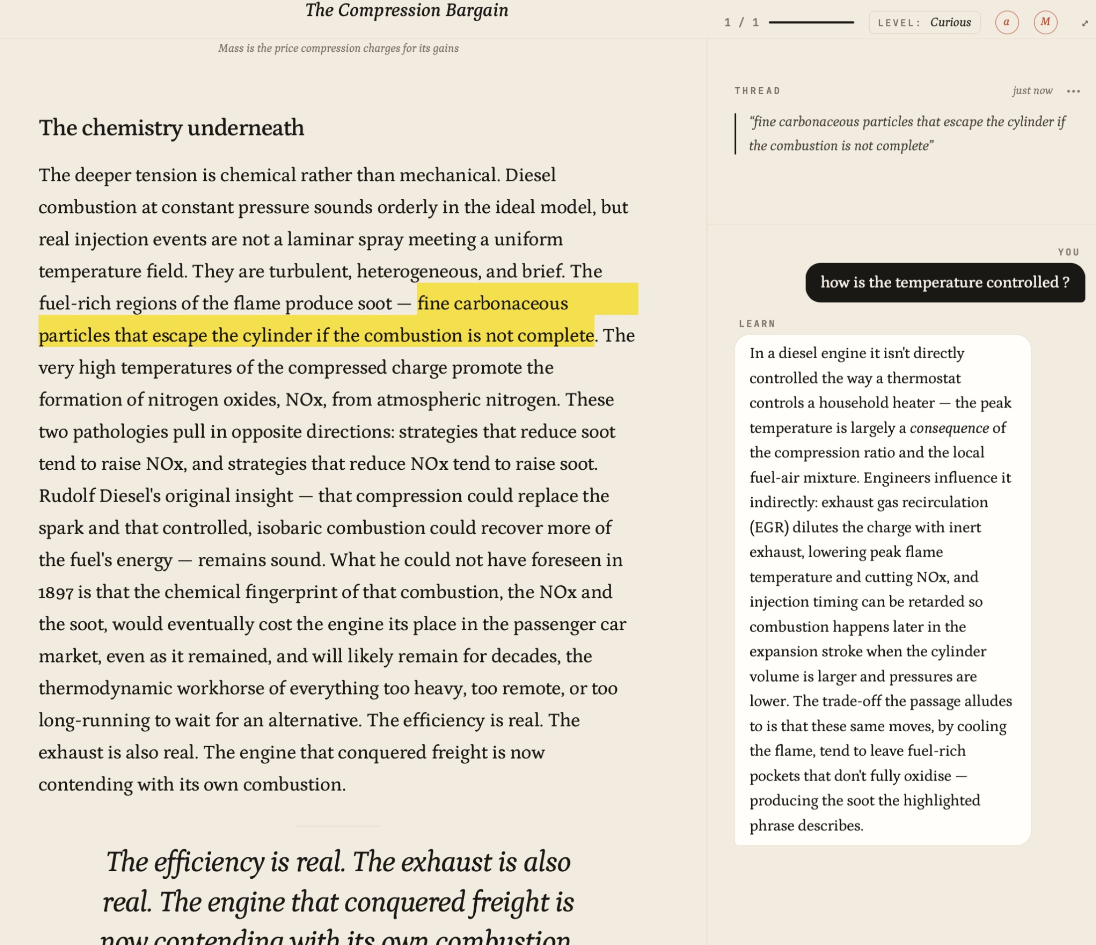A highlighted sentence in the reader, with the book's reply set in the margin.