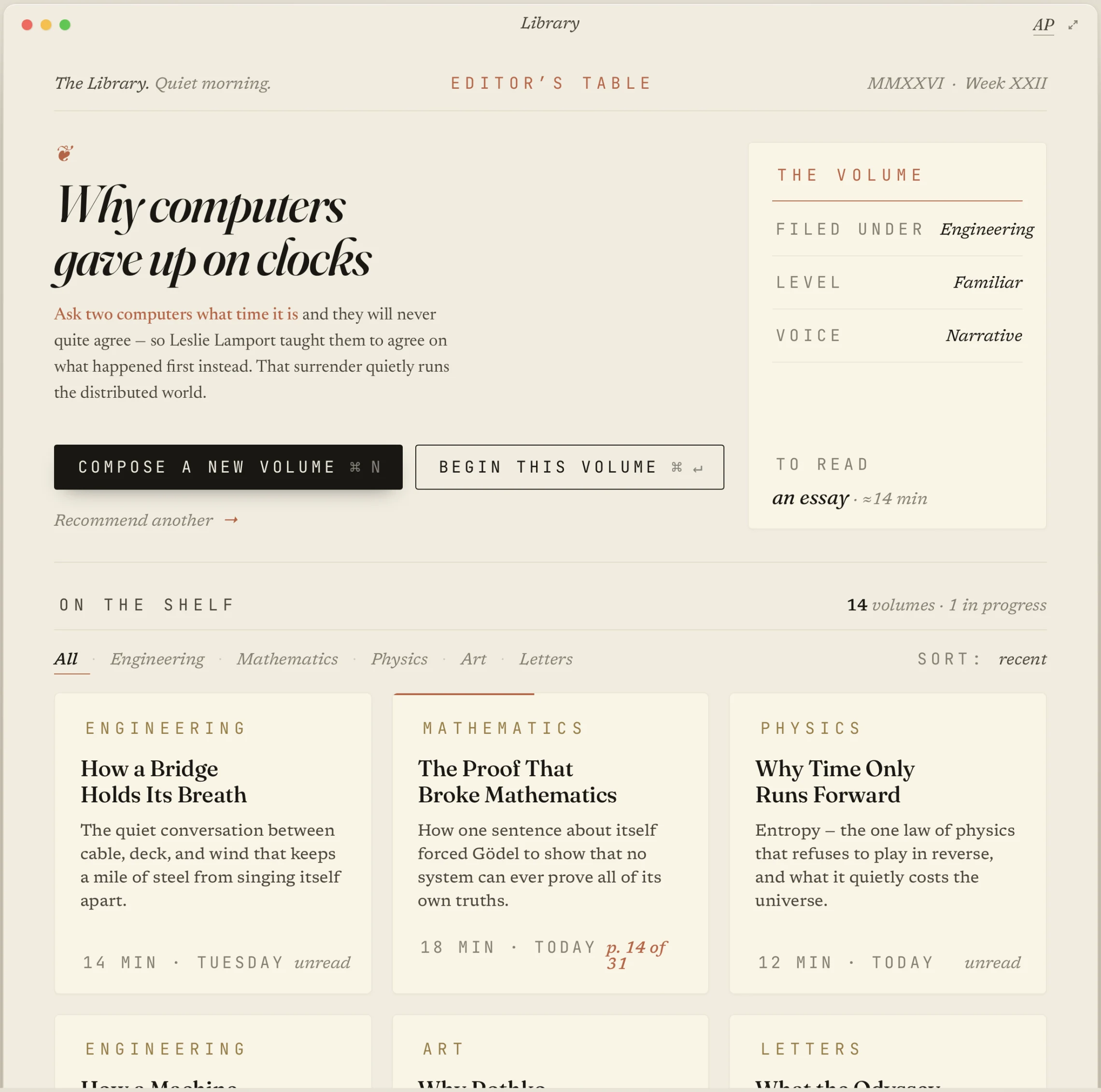 The Astor library — a reader's shelf of commissioned volumes set on cream paper.