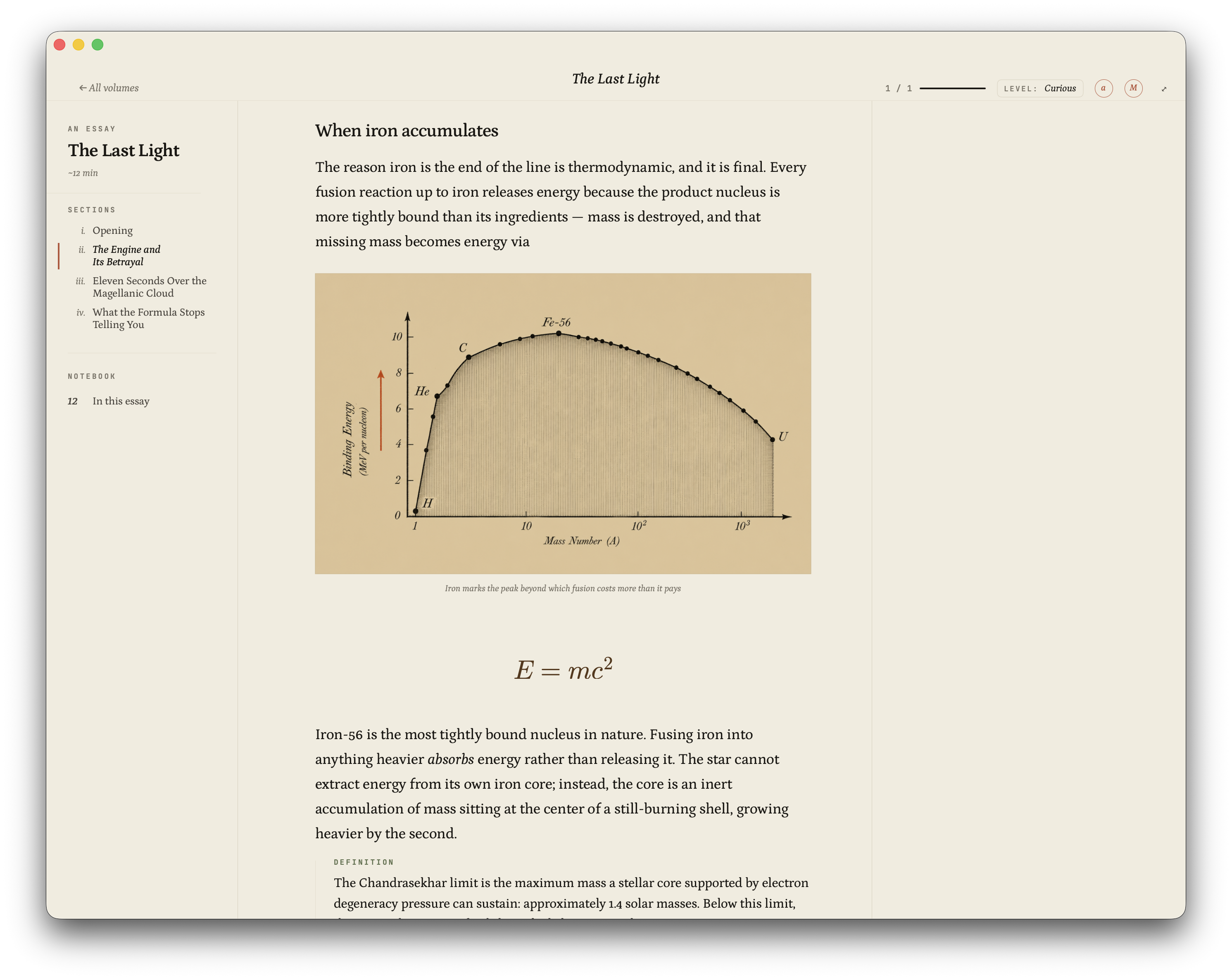 The Last Light, open on a chapter with a binding-energy curve and E=mc² set in proper math.